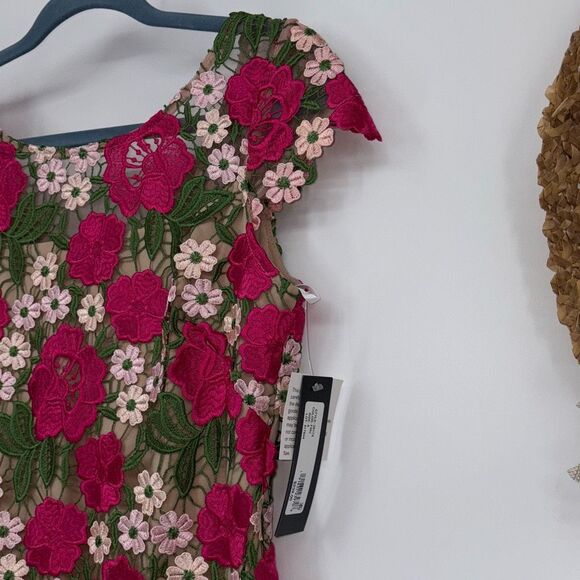 NEW XSCAPE Women's Short Sleeve‎ Floral Print Lace Sheath Dress Pink Multi 4 - Picture 3 of 16